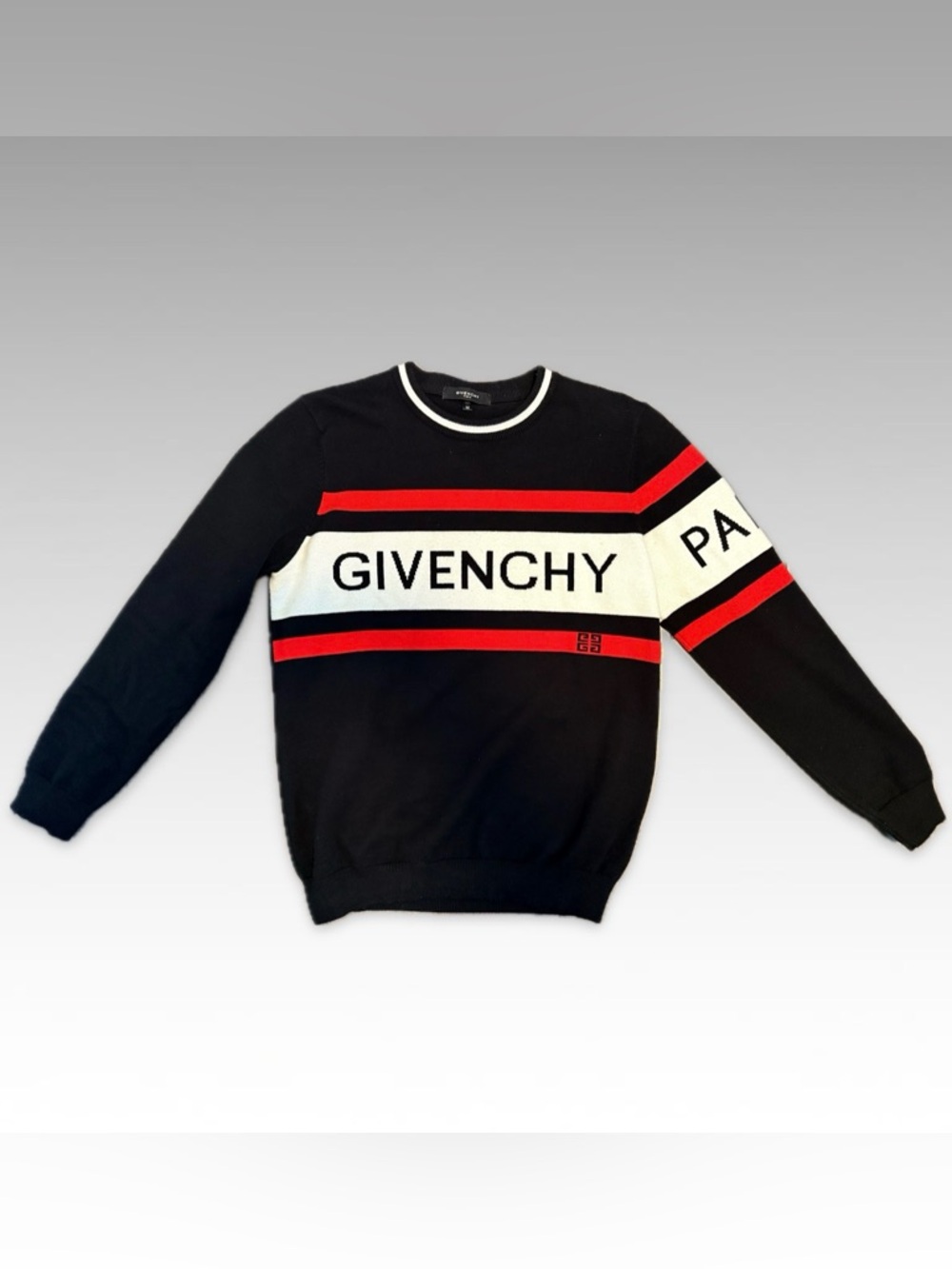 Givenchy Black White and Red Logo Stripe Crewneck Sweater size Medium